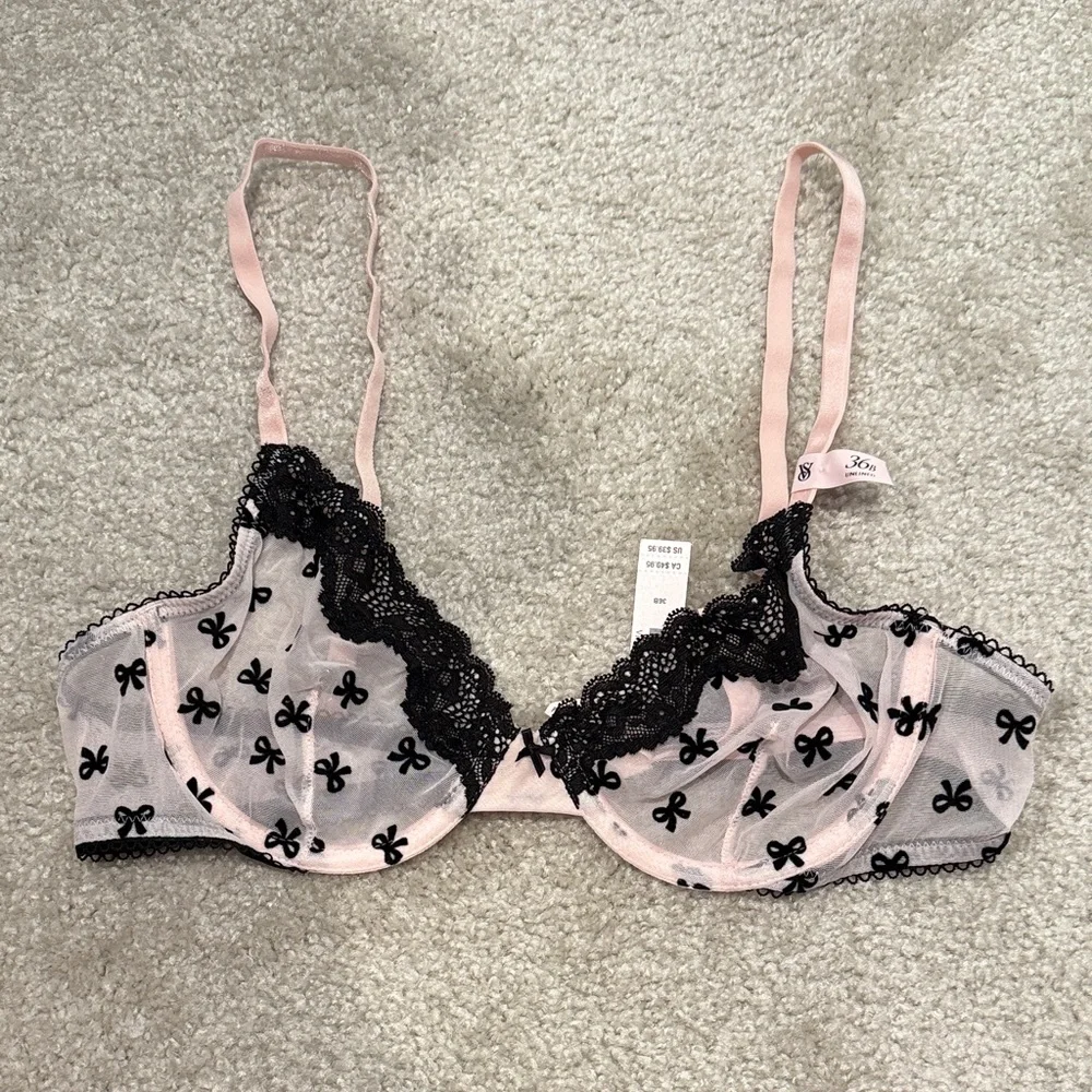 NWT Victoria’s Secret sheer pink and black mesh bow print bra - Picture 1 of 4